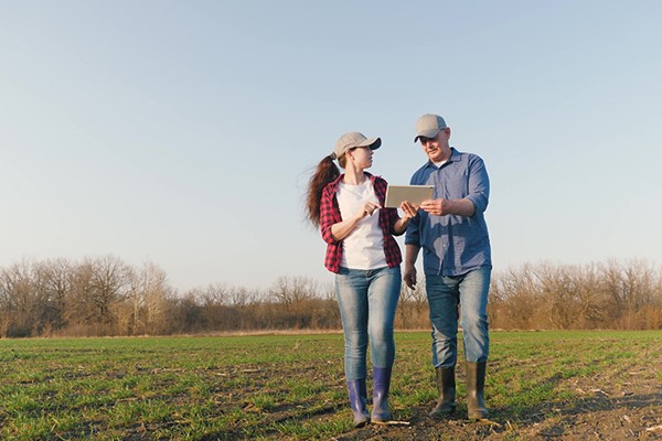 Two farmers looking at an ipad