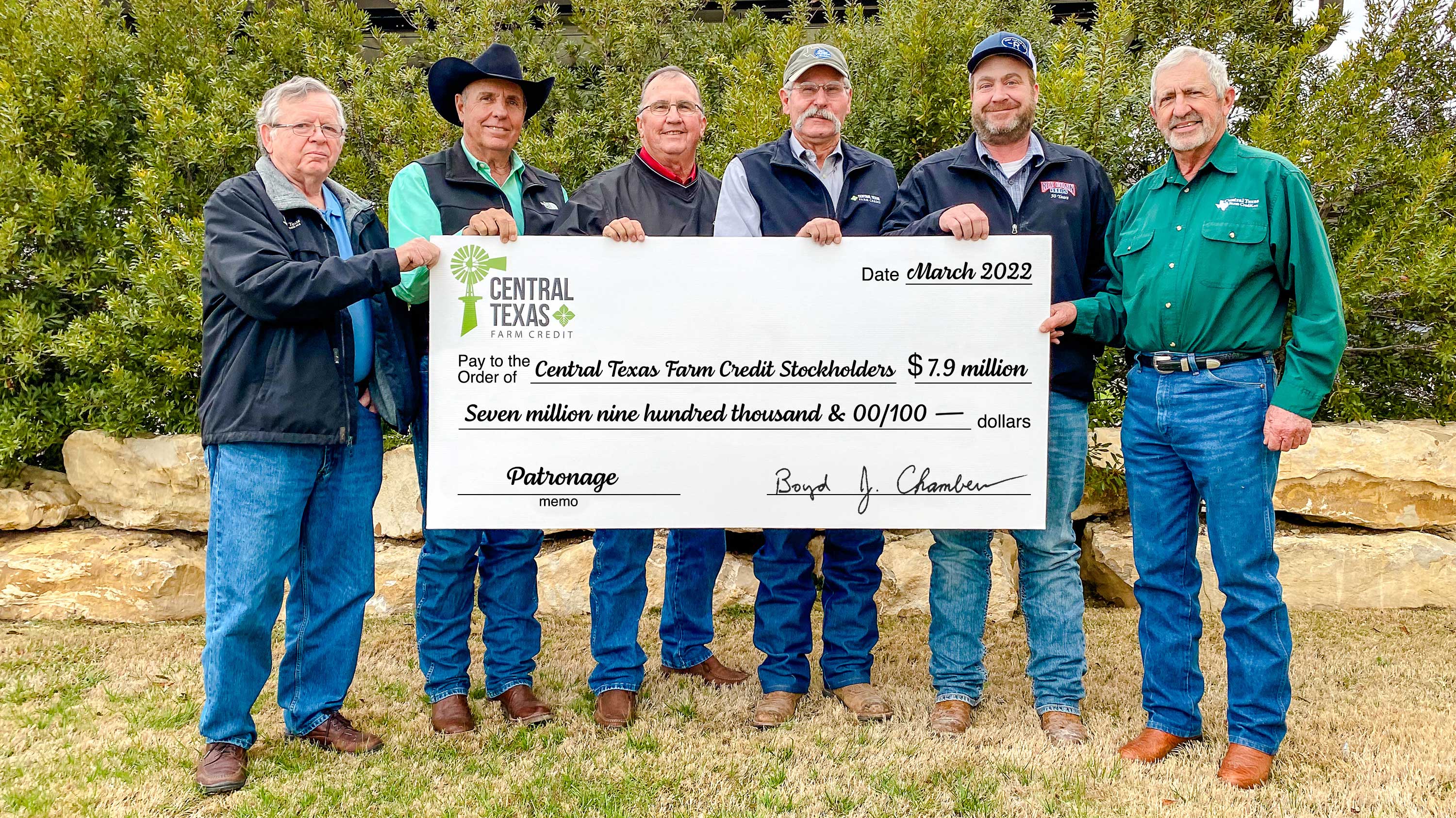 Central Texas Farm Credit Board of Directors, left to right, Burl Lowery, member; Kenneth Harvick, vice-chairman; Steven Lehrmann, member; Philip Hinds, member; Robby Halfmann, chairman; and Mike Finlay, member.
